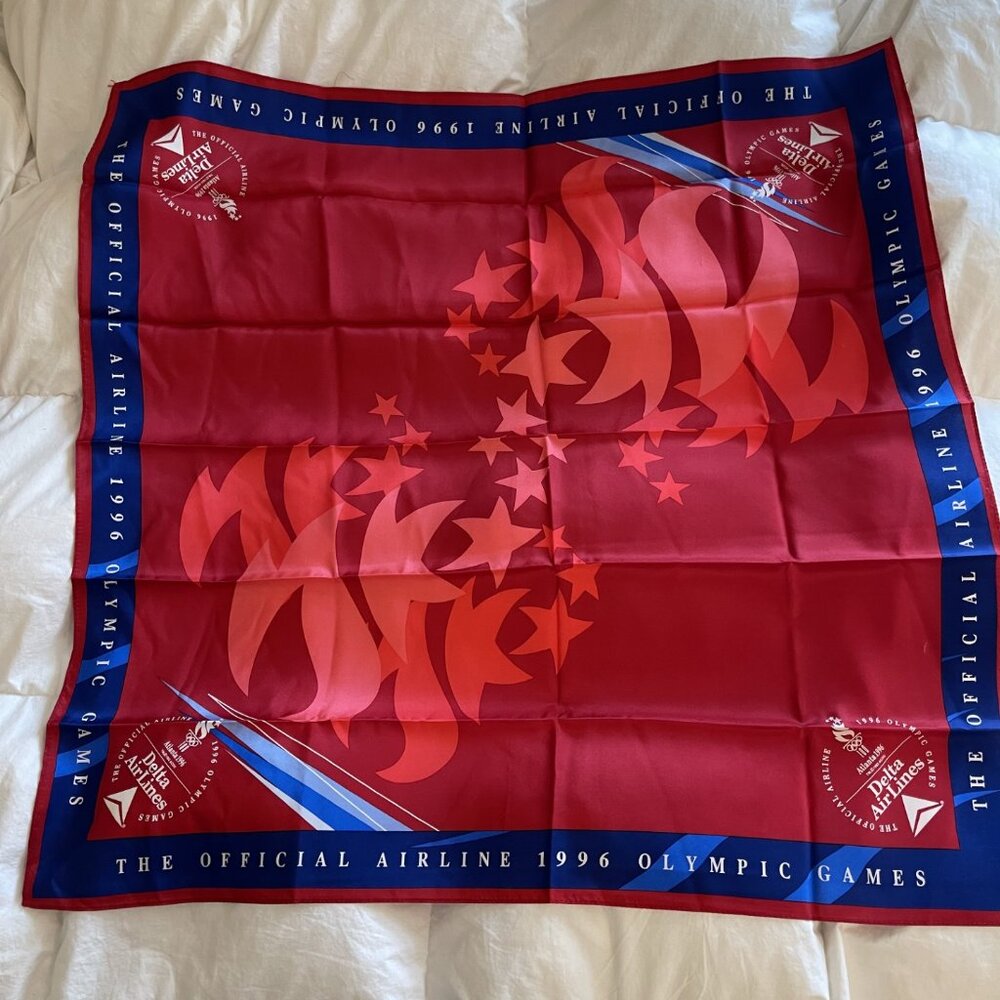 Delta Airlines Crew Flight Attendant Red Silk Scarf. 1996 Atlanta Olympics.